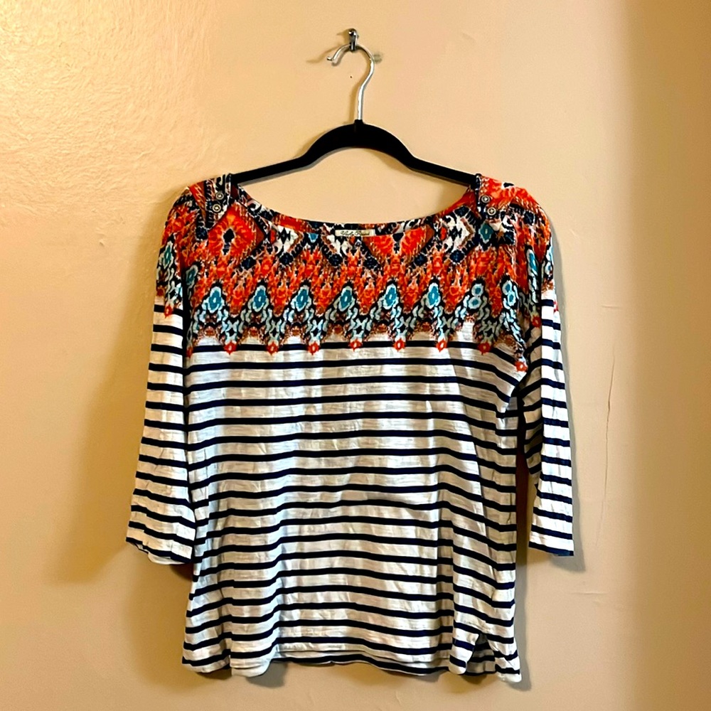 Lucky Brand 3/4 Sleeve Boat Bateau Neckline Striped Top M